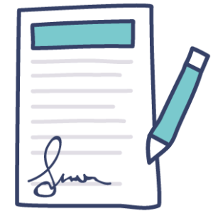 4 A sketch of a letter of engagement being signed between a home seller and The Buy Guys team.